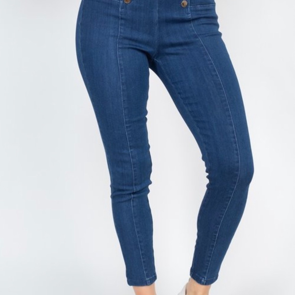 NEW FALL TRENDY DARK BLUE WASH DENIM HIGH WAIST WOMEN JEANS GOLD BUTTON DETAILS - Picture 9 of 12